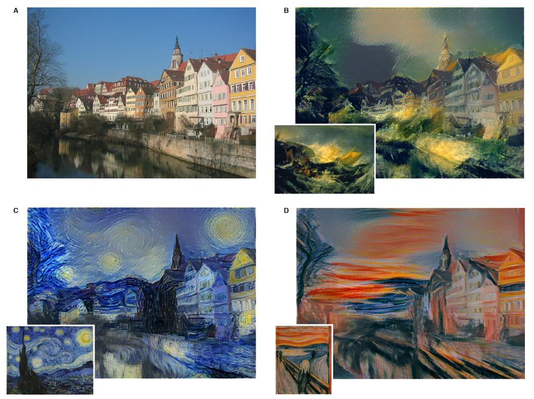 Wyniki stylizacji obrazu metodą Gatysa. Leon A. Gatys, Alexander S. Ecker, & Matthias Bethge. (2015). A Neural Algorithm of Artistic Style. Obraz użyty w celach edukacyjnych.